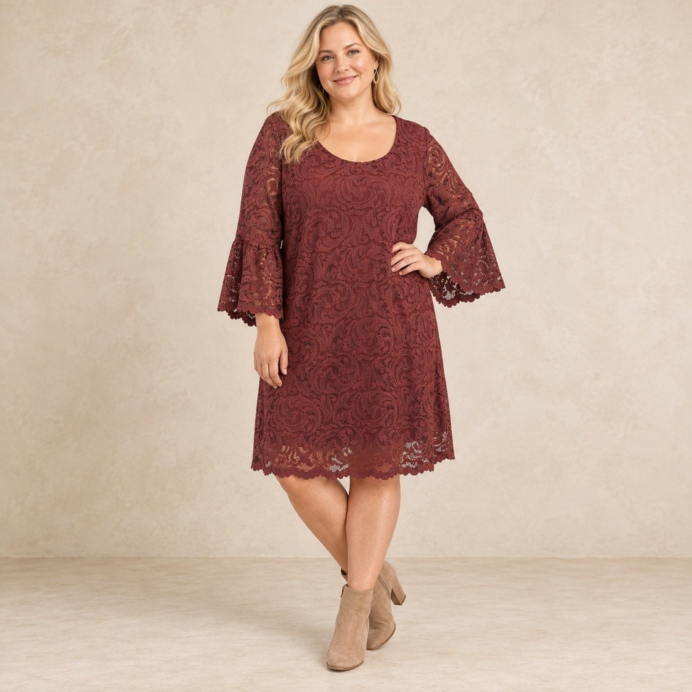 Garnet Hill Lace Shift Dress 16 Burgundy Bell Sleeve Cocktail Party Feminine